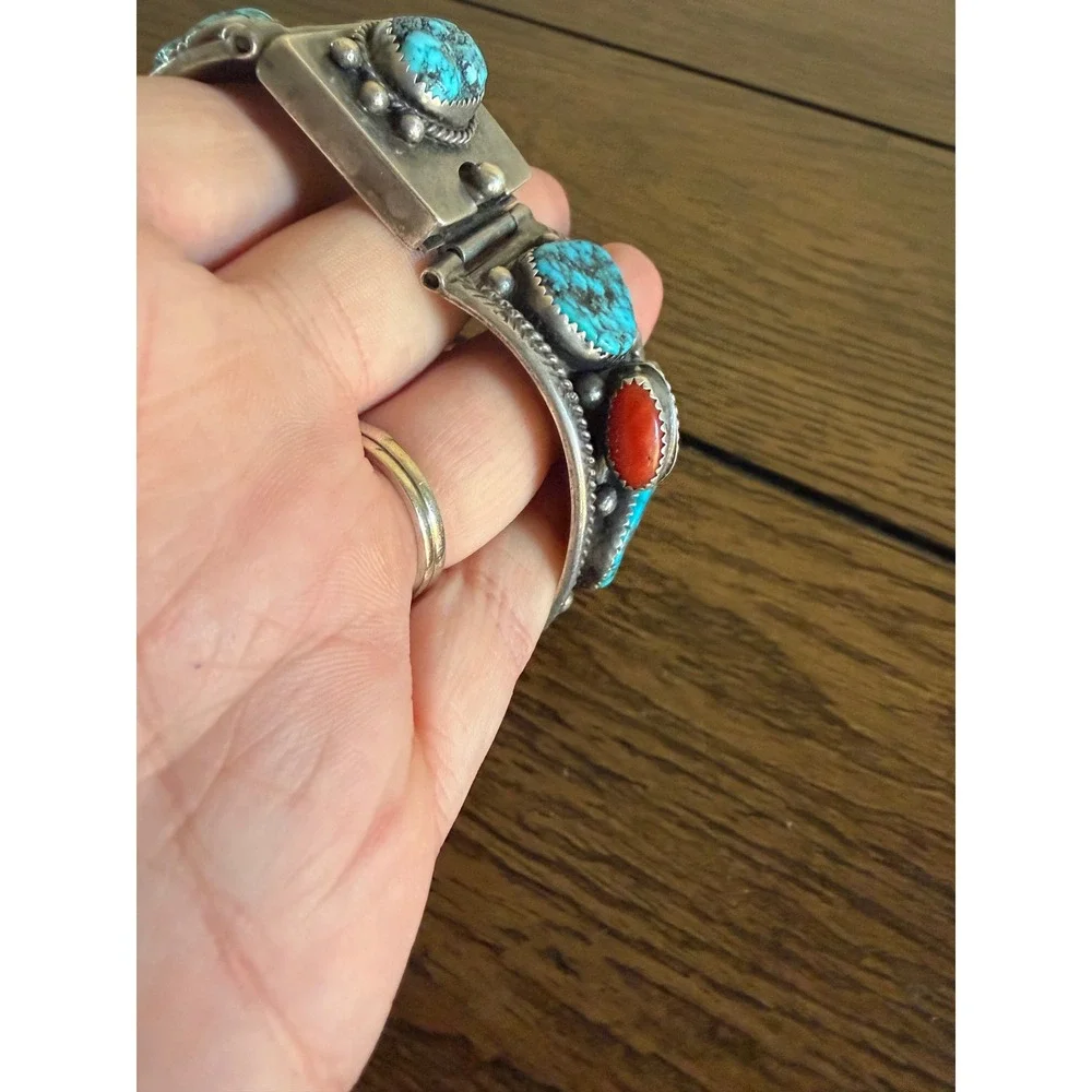 Vintage Navajo Sterling Silver Turquoise CoralClaw Watch Cuff Bracelet signed